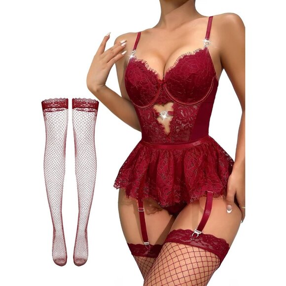 Rhinestone Heart Garter Lingerie Set: Mesh Babydoll, Stockings & Teddy - Picture 1 of 6